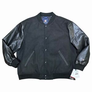 Champion Men's Letterman Varsity Bomber Jacket Faux Leather Sleeves- Black - XXL